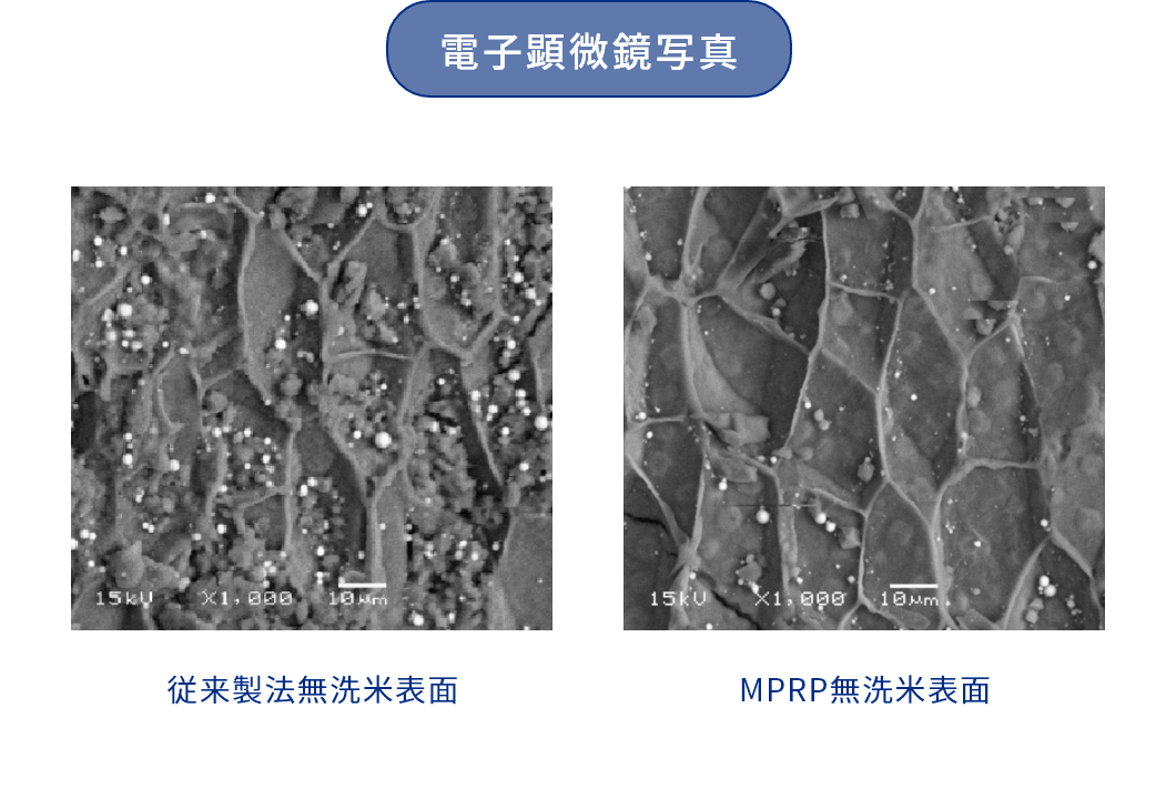 従来の無洗米表面とMPRPを使用したときの無洗米表面の写真